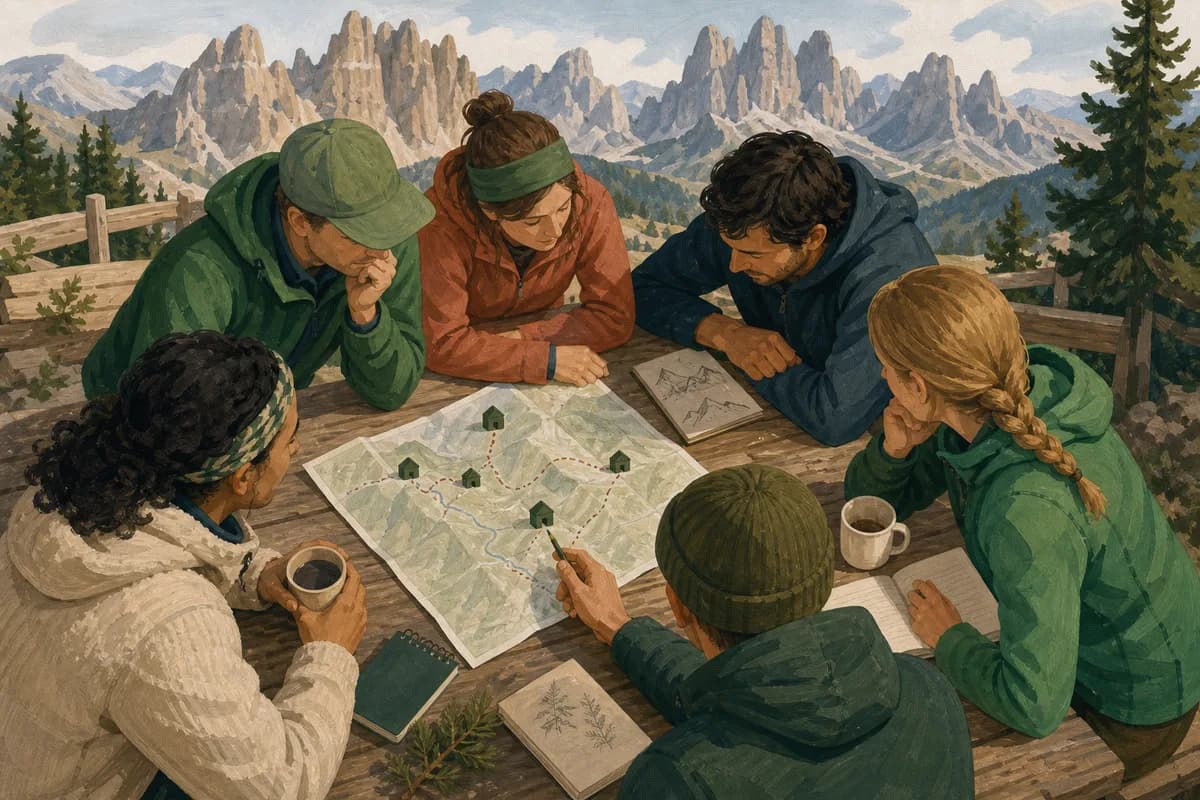 Six hikers collaborating around an illustrated Alta Via 1 route map