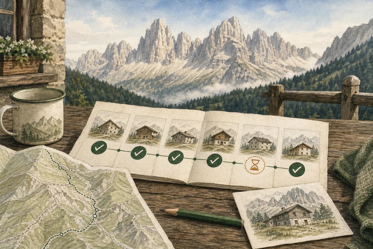 Illustrated Alta Via 1 booking chain with five green confirmations and one ochre pending symbol