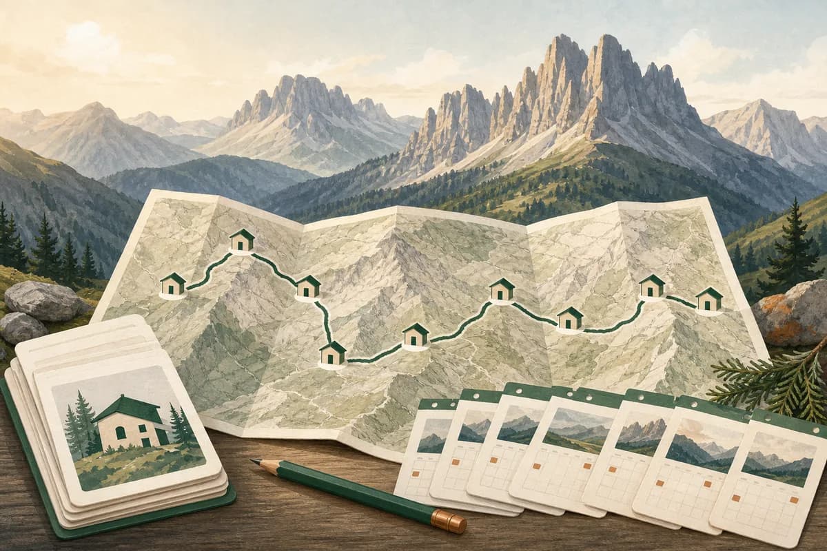 Illustrated Alta Via 1 map connecting eight mountain huts with calendar cards