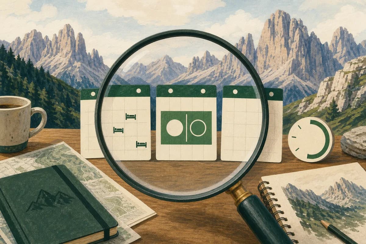 Magnifying glass examining three different illustrated hut availability signals
