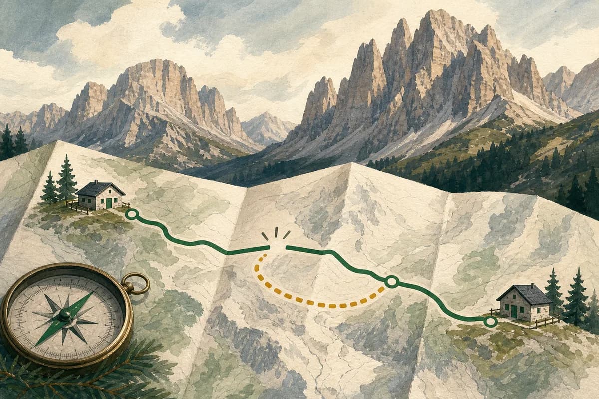 Illustrated mountain map with a broken route reconnected by an alternate path