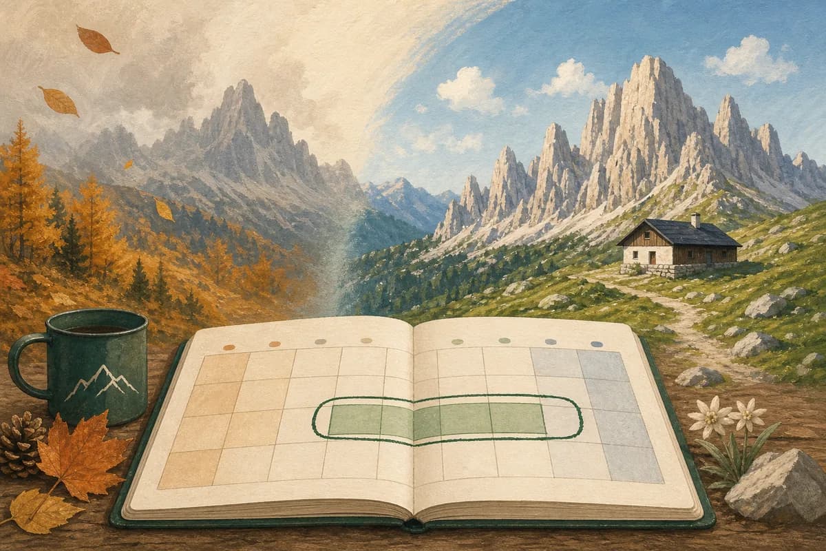 Illustrated booking calendar between autumn and summer mountain landscapes